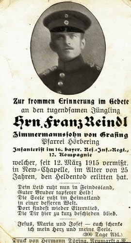 One of the German casualties of Neuve Chapelle: Franz Reindl